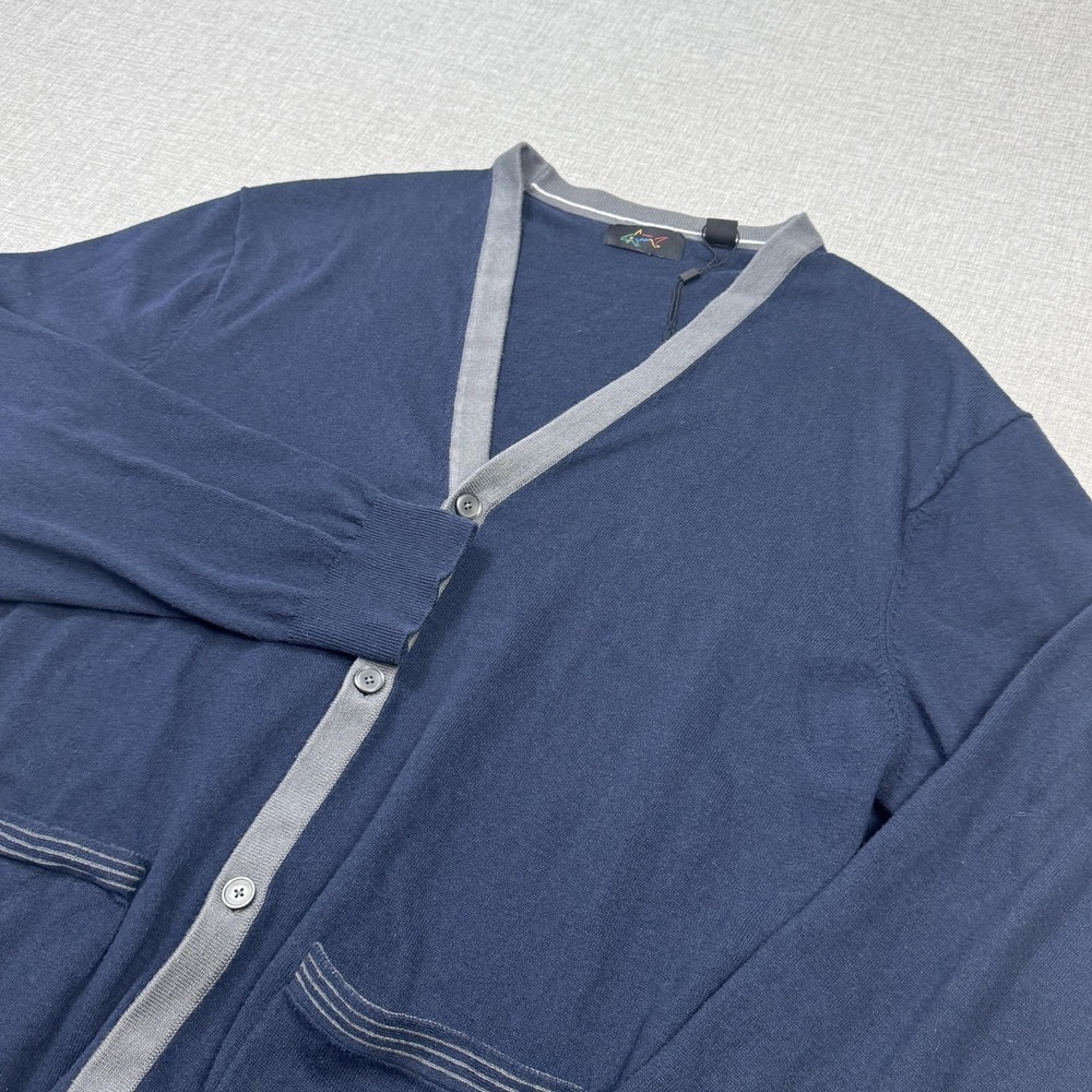 Greg Norman Golf‎ Cardigan Sweater Mens 2XL Blue Cotton Polyester V-Neck Pockets